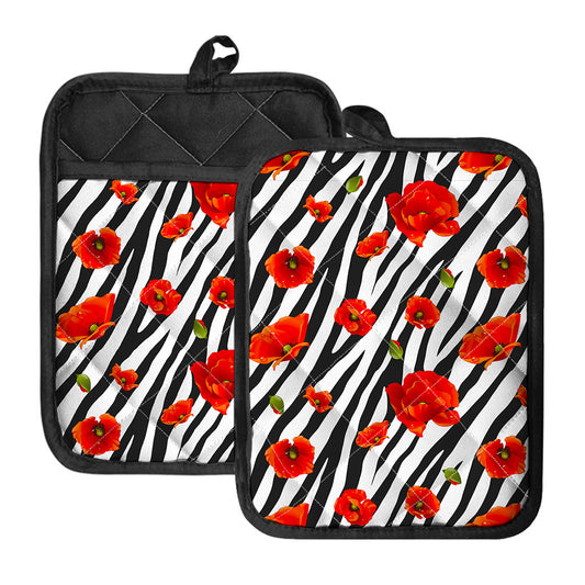 Black White Zebra Flower Pattern Print Pot Holders With Pocket