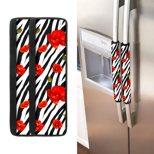 Black White Zebra Flower Pattern Print Refrigerator Handle Covers