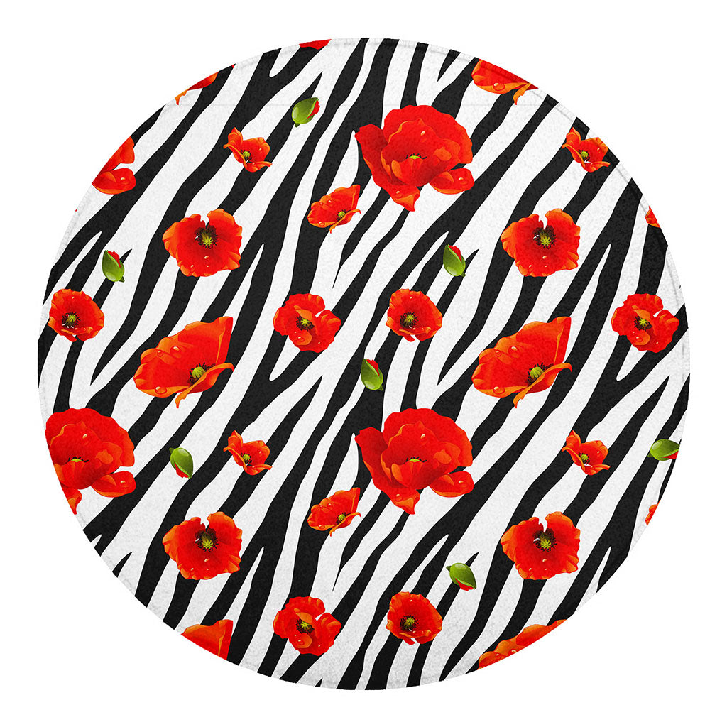 Black White Zebra Flower Pattern Print Round Blanket