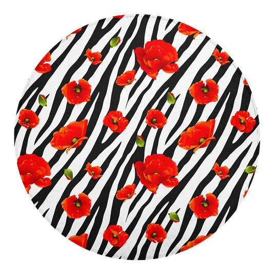 Black White Zebra Flower Pattern Print Round Blanket