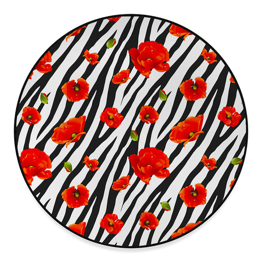Black White Zebra Flower Pattern Print Round Floor Mat