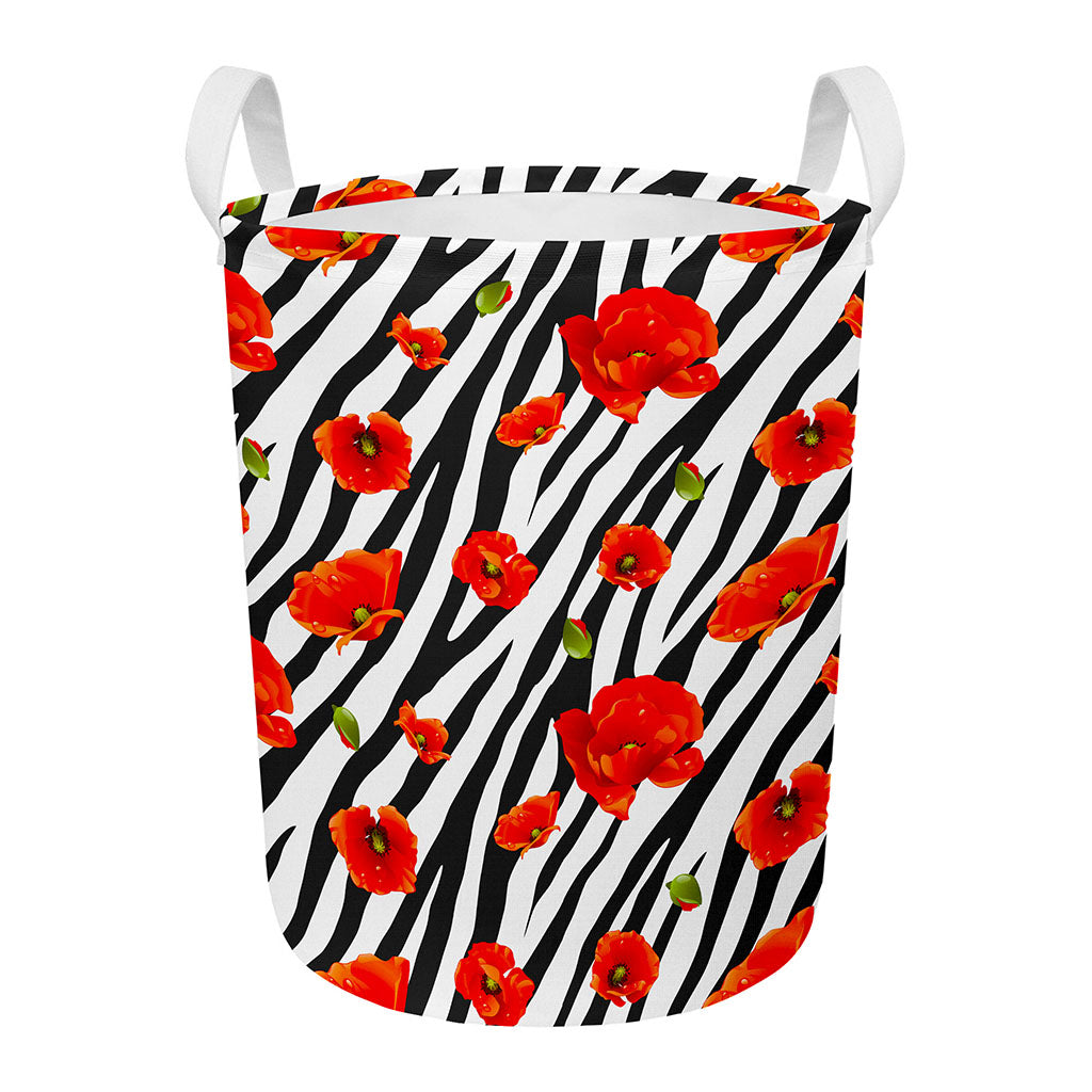 Black White Zebra Flower Pattern Print Round Laundry Basket