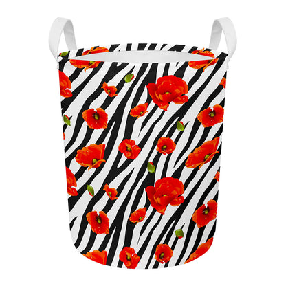 Black White Zebra Flower Pattern Print Round Laundry Basket