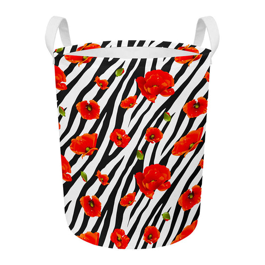 Black White Zebra Flower Pattern Print Round Laundry Basket