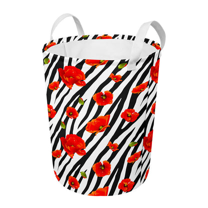 Black White Zebra Flower Pattern Print Round Laundry Basket