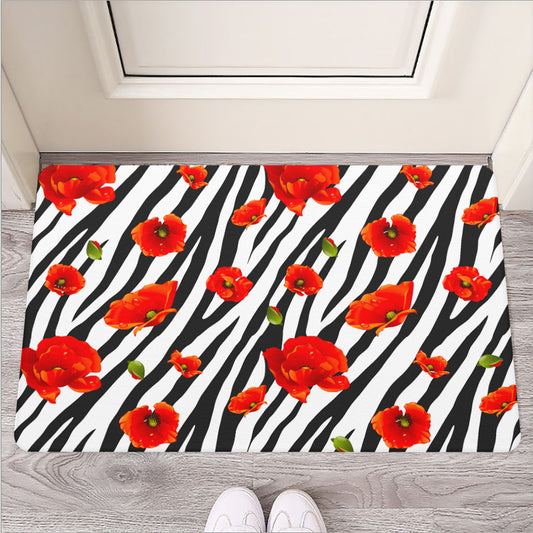 Black White Zebra Flower Pattern Print Rubber Doormat