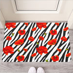 Black White Zebra Flower Pattern Print Rubber Doormat