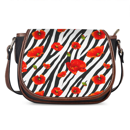 Black White Zebra Flower Pattern Print Saddle Bag
