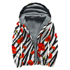 Black White Zebra Flower Pattern Print Sherpa Lined Zip Up Hoodie