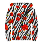 Black White Zebra Flower Pattern Print Sherpa Lined Zip Up Hoodie