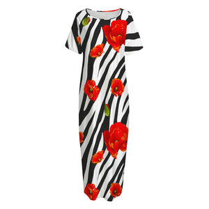 Black White Zebra Flower Pattern Print Short Sleeve Long Nightdress