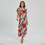 Black White Zebra Flower Pattern Print Short Sleeve Maxi Dress