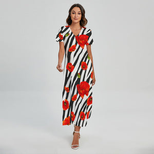 Black White Zebra Flower Pattern Print Short Sleeve Maxi Dress