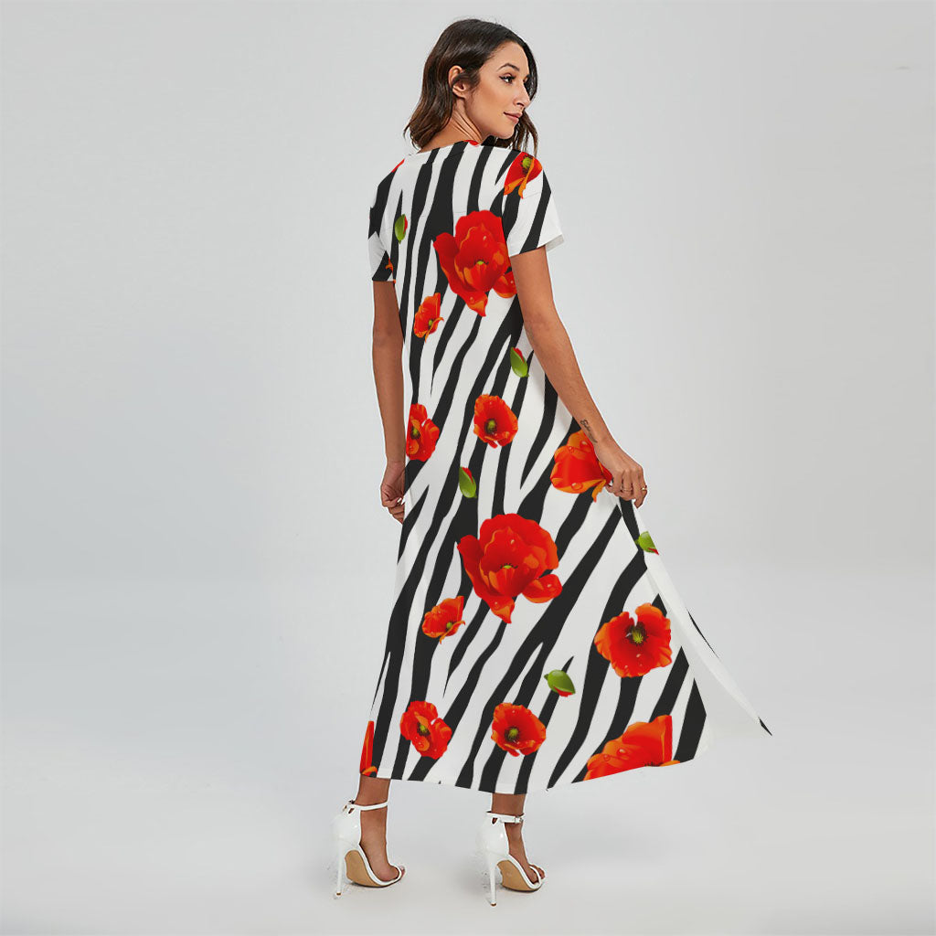 Black White Zebra Flower Pattern Print Short Sleeve Maxi Dress