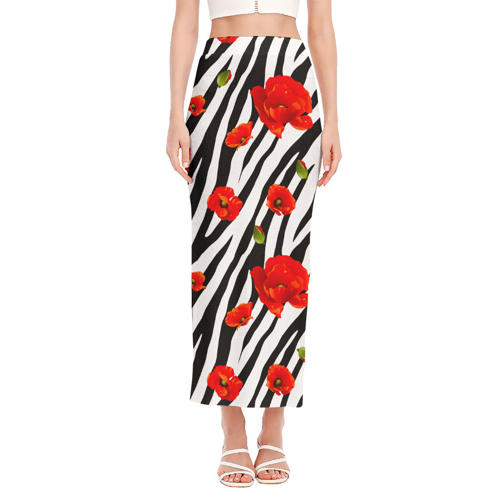 Black White Zebra Flower Pattern Print Side Slit Maxi Skirt