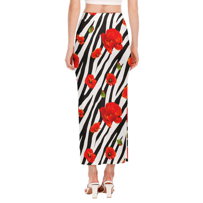 Black White Zebra Flower Pattern Print Side Slit Maxi Skirt
