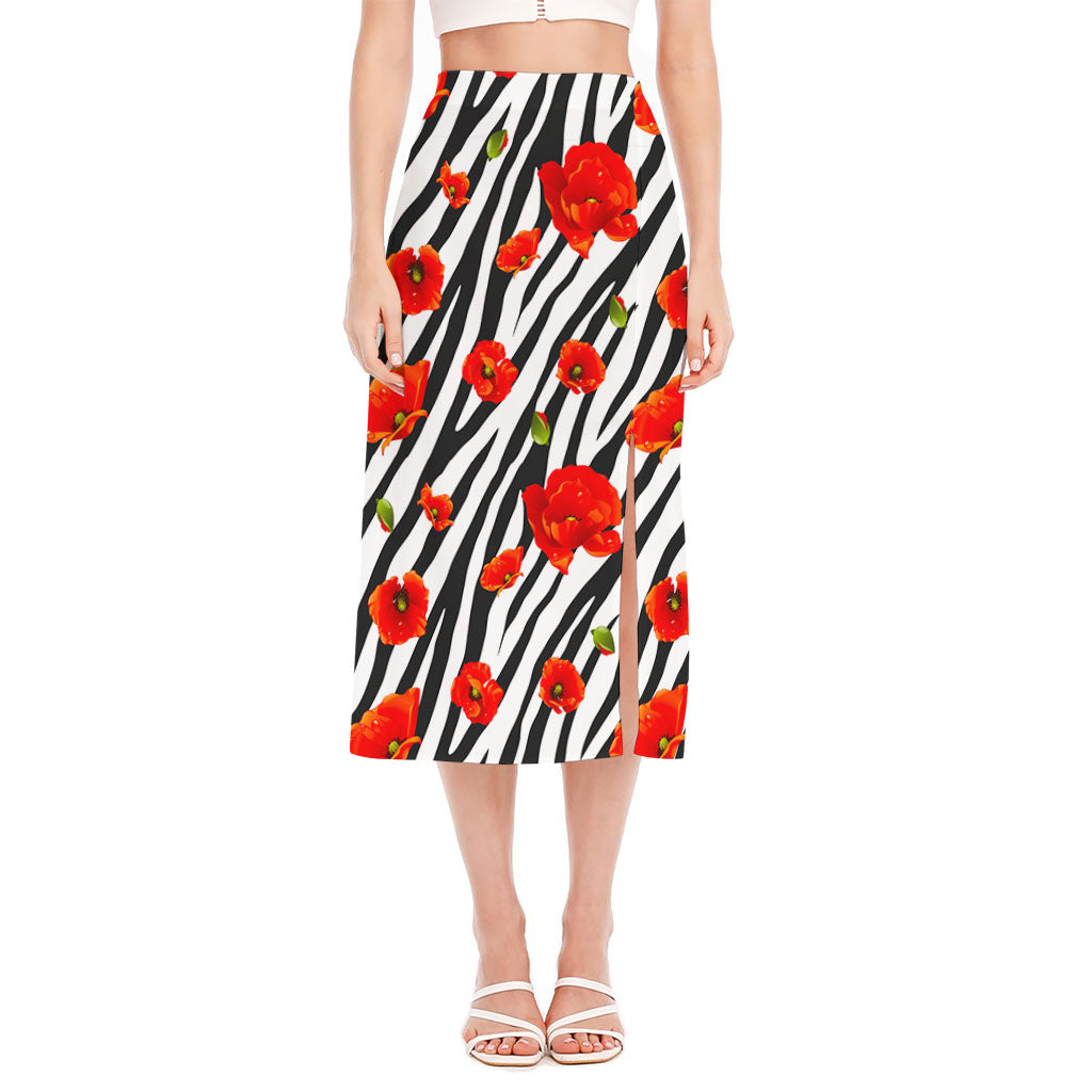 Black White Zebra Flower Pattern Print Side Slit Midi Skirt