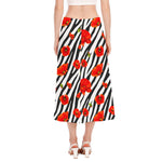 Black White Zebra Flower Pattern Print Side Slit Midi Skirt