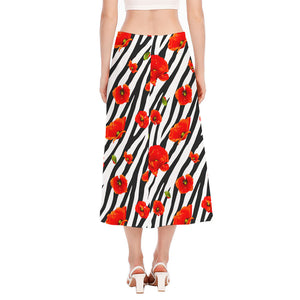 Black White Zebra Flower Pattern Print Side Slit Midi Skirt