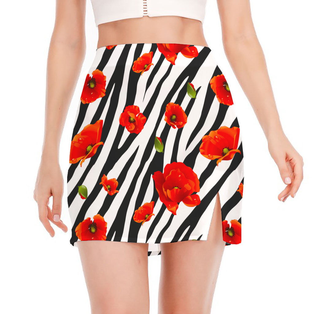 Black White Zebra Flower Pattern Print Side Slit Mini Skirt