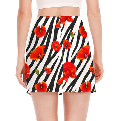 Black White Zebra Flower Pattern Print Side Slit Mini Skirt