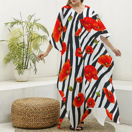 Black White Zebra Flower Pattern Print Silk V-Neck Kaftan Dress
