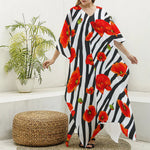 Black White Zebra Flower Pattern Print Silk V-Neck Kaftan Dress