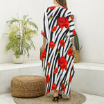 Black White Zebra Flower Pattern Print Silk V-Neck Kaftan Dress