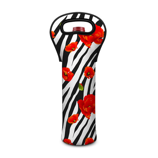 Black White Zebra Flower Pattern Print Single Neoprene Wine Tote