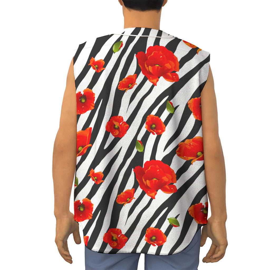 Black White Zebra Flower Pattern Print Sleeveless Baseball Jersey