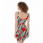 Black White Zebra Flower Pattern Print Sleeveless Bodycon Dress