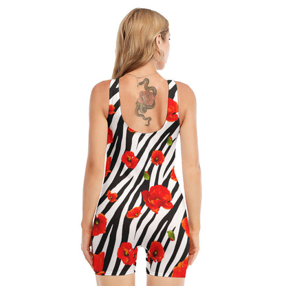 Black White Zebra Flower Pattern Print Sleeveless One Piece Swimsuit