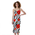 Black White Zebra Flower Pattern Print Slim Fit Midi Cami Dress