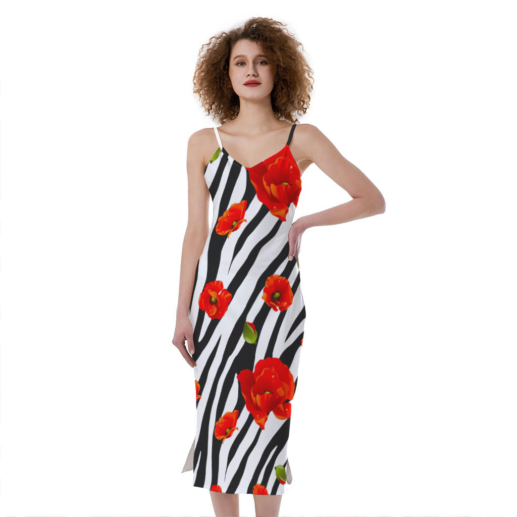 Black White Zebra Flower Pattern Print Slim Fit Midi Cami Dress