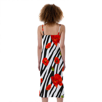 Black White Zebra Flower Pattern Print Slim Fit Midi Cami Dress