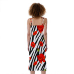 Black White Zebra Flower Pattern Print Slim Fit Midi Cami Dress