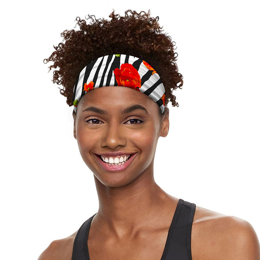 Black White Zebra Flower Pattern Print Sports Headband