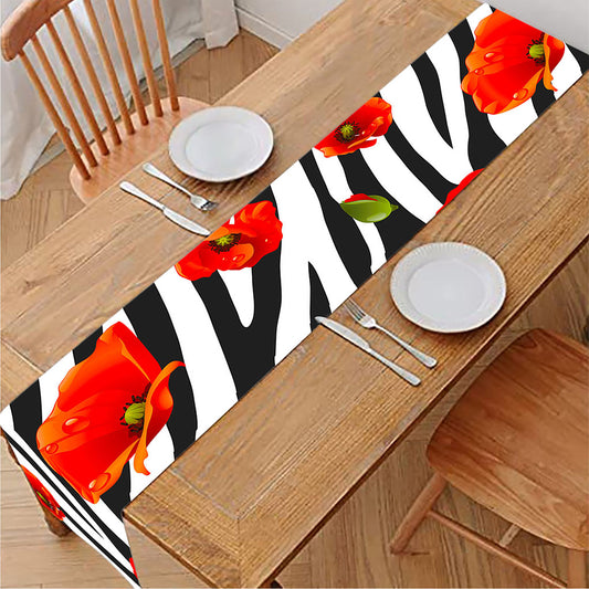 Black White Zebra Flower Pattern Print Table Runner