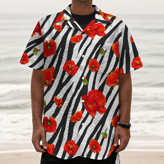 Black White Zebra Flower Pattern Print Textured Short Sleeve Shirt