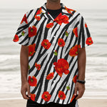 Black White Zebra Flower Pattern Print Textured Short Sleeve Shirt