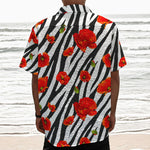 Black White Zebra Flower Pattern Print Textured Short Sleeve Shirt