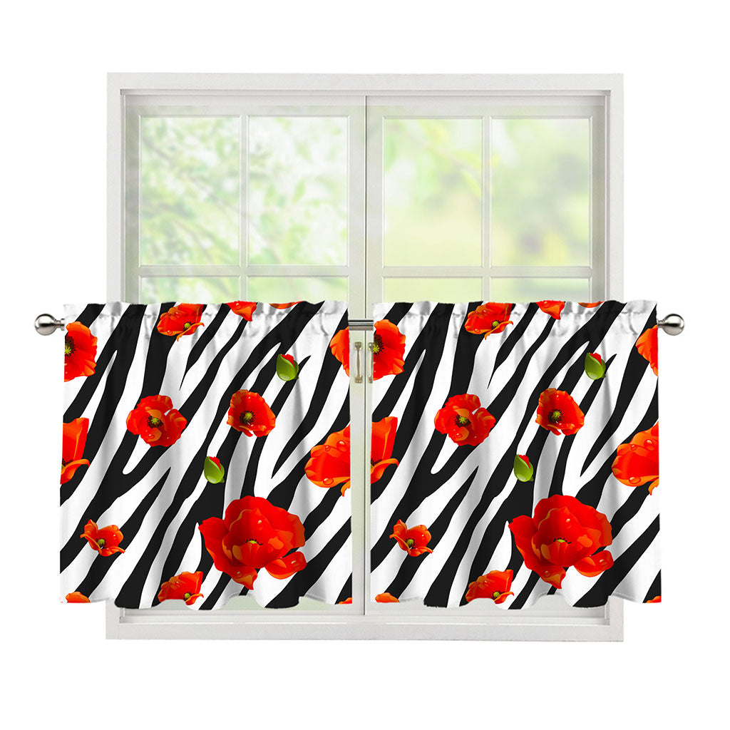 Black White Zebra Flower Pattern Print Tier Curtains