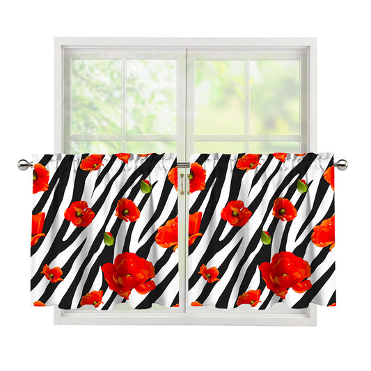 Black White Zebra Flower Pattern Print Tier Curtains