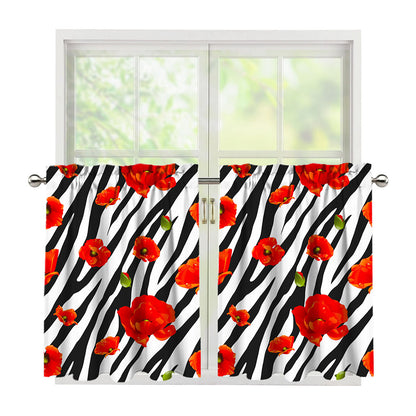 Black White Zebra Flower Pattern Print Tier Curtains