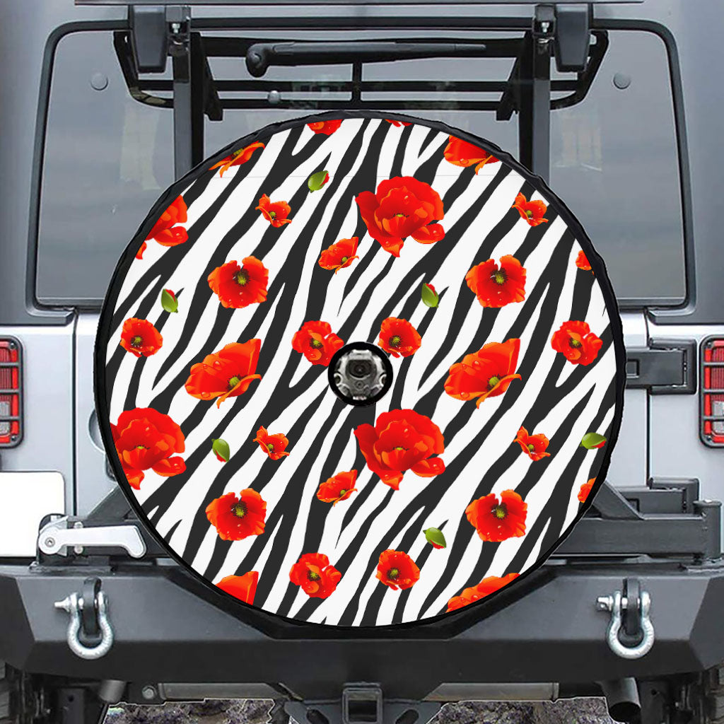 Black White Zebra Flower Pattern Print Tire Cover With Camera Hole