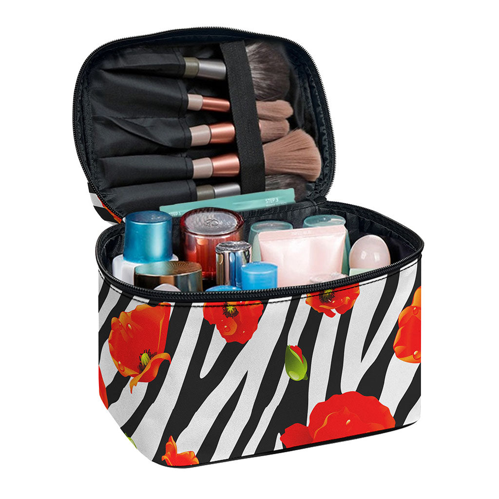 Black White Zebra Flower Pattern Print Travel Makeup Bag