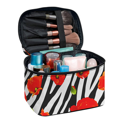 Black White Zebra Flower Pattern Print Travel Makeup Bag