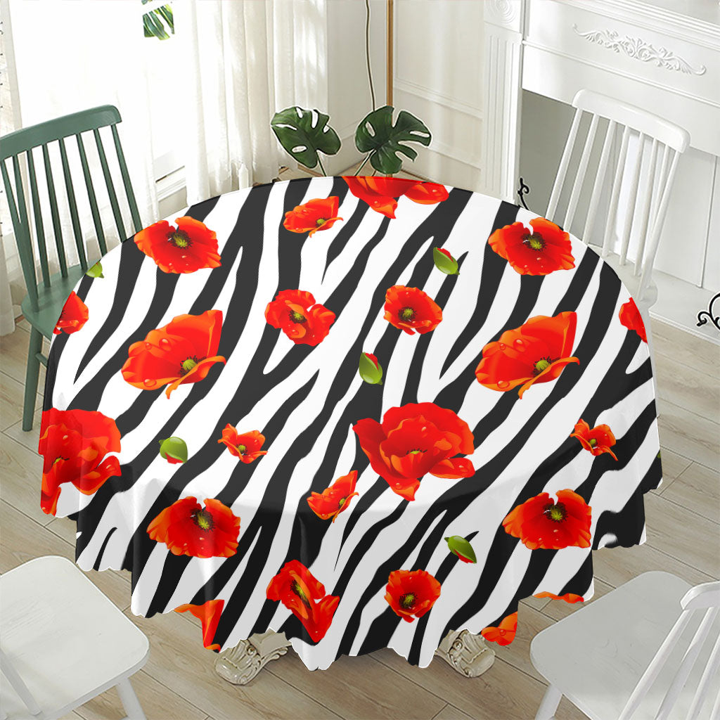 Black White Zebra Flower Pattern Print Waterproof Round Tablecloth