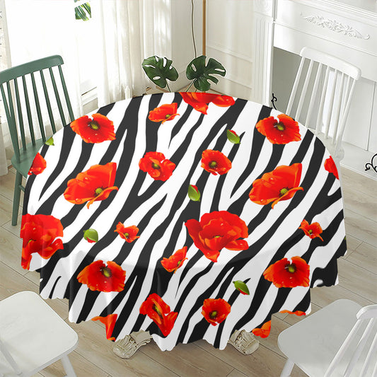 Black White Zebra Flower Pattern Print Waterproof Round Tablecloth