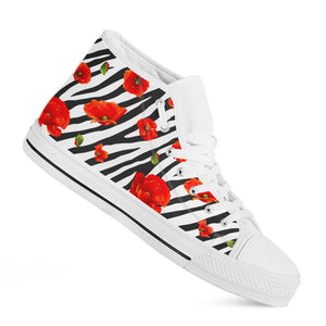 Black White Zebra Flower Pattern Print White High Top Sneakers